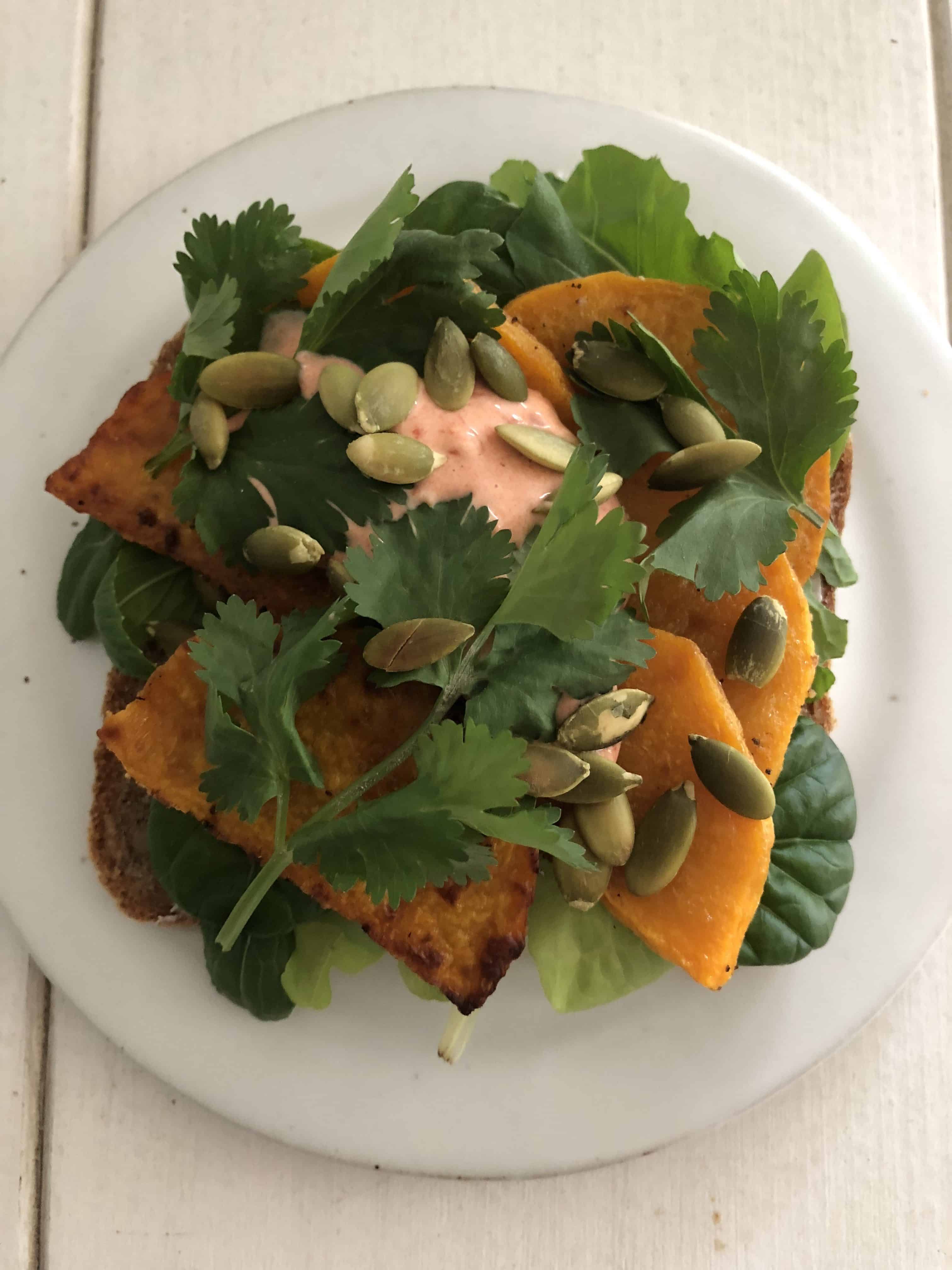Roasted Butternut Squash Smørrebrød with Spicy Harissa Mayo and Pepitas