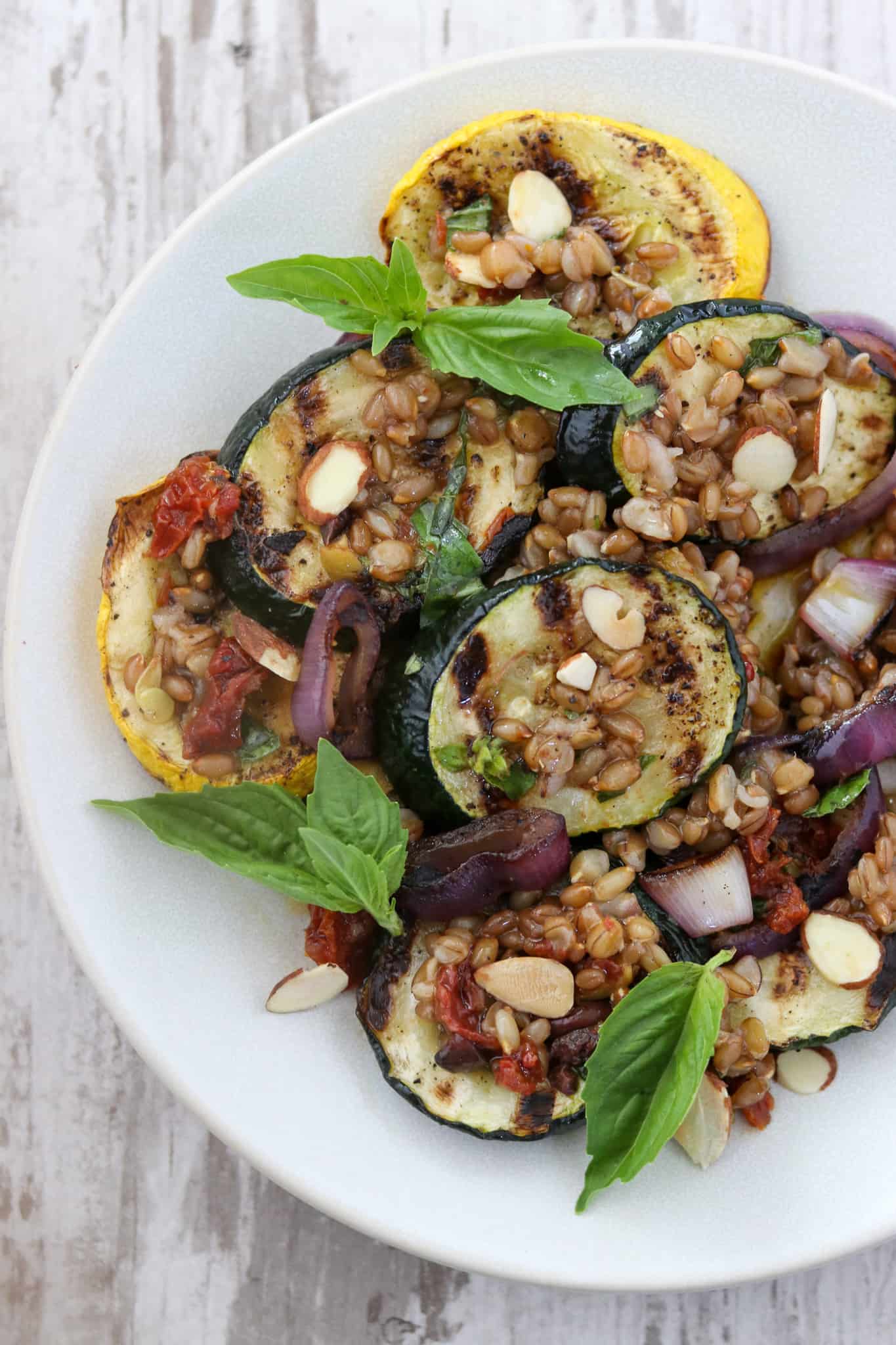Grilled Summer Squash Salad with Rye Berries and Sun-Dried Tomato Vinaigrette
