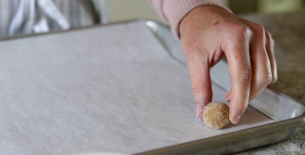 A person setting a ball of ginger snap dough on a baking sheet