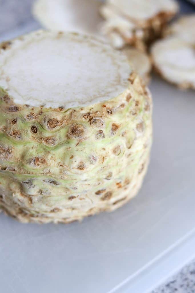 A close up of a celery root