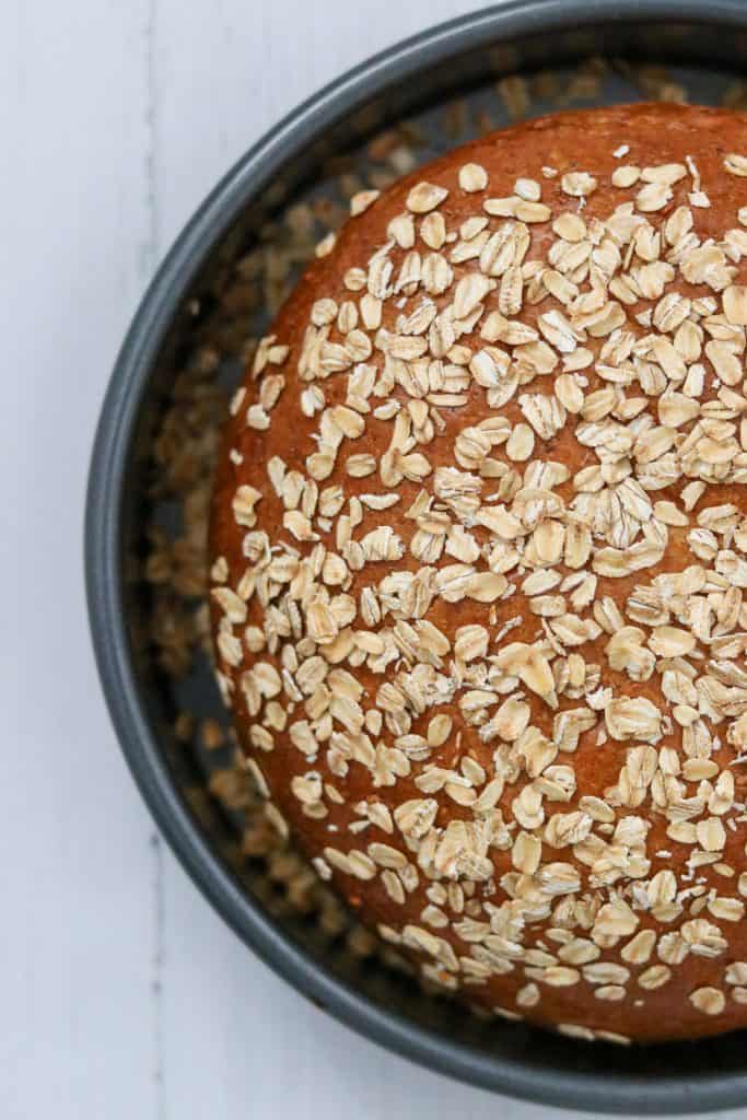 Baked oat bread in a pan