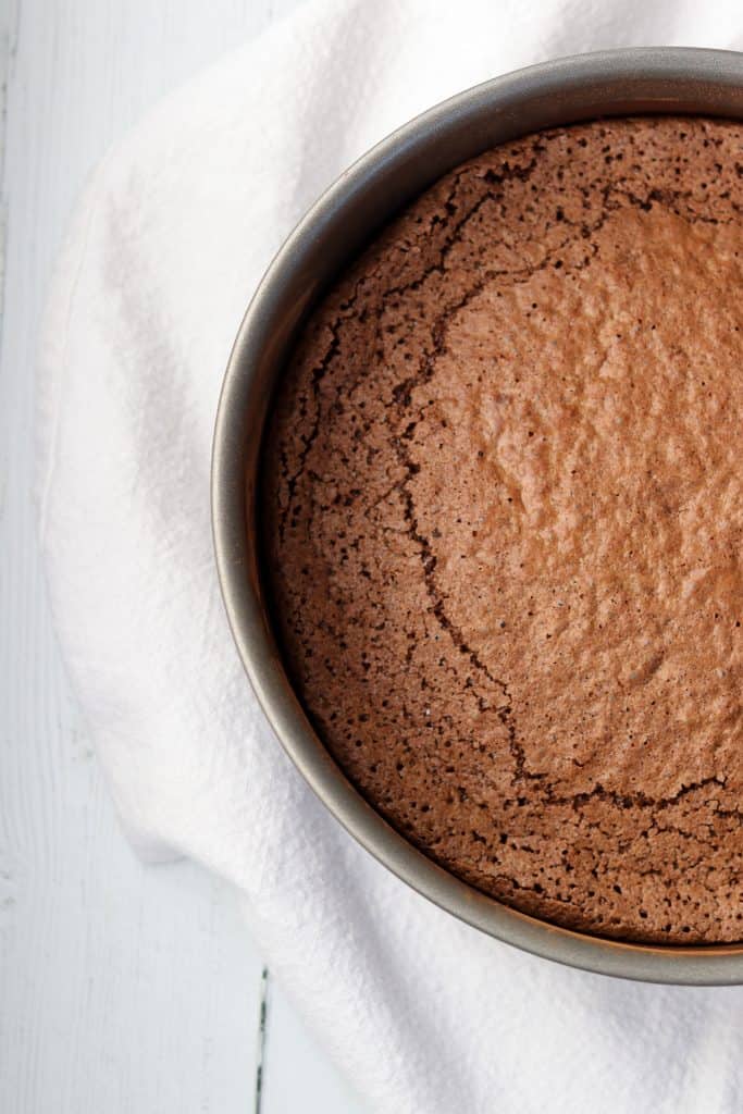 A close up of a chocolate cake in a pan