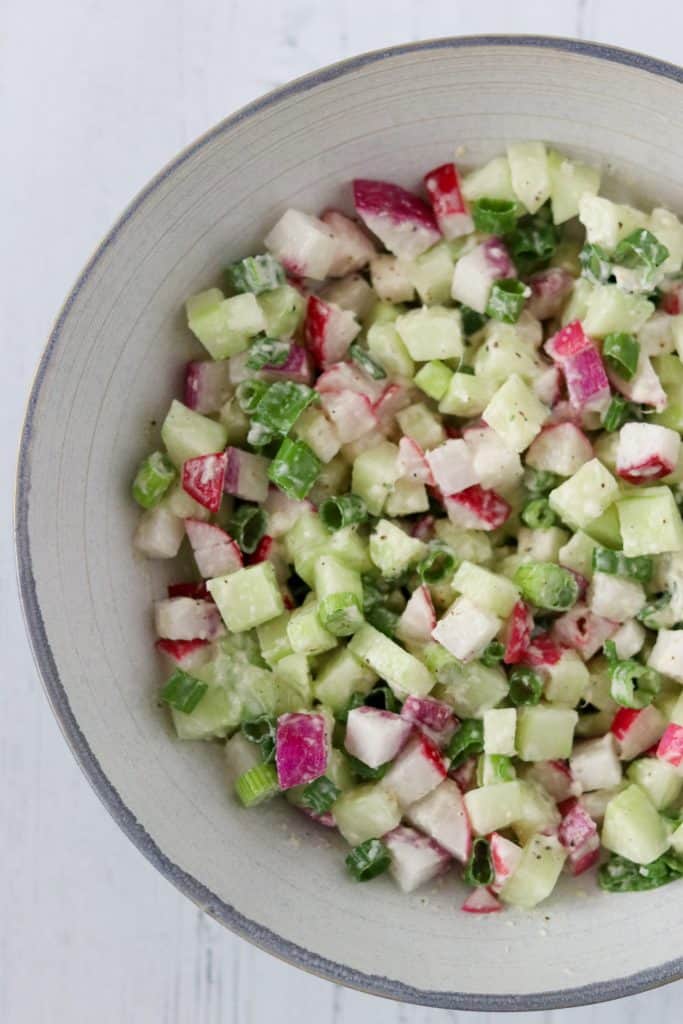 Cucumber radish relish in a bowl