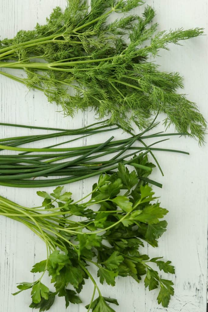 A close up of dill, chives and parsley