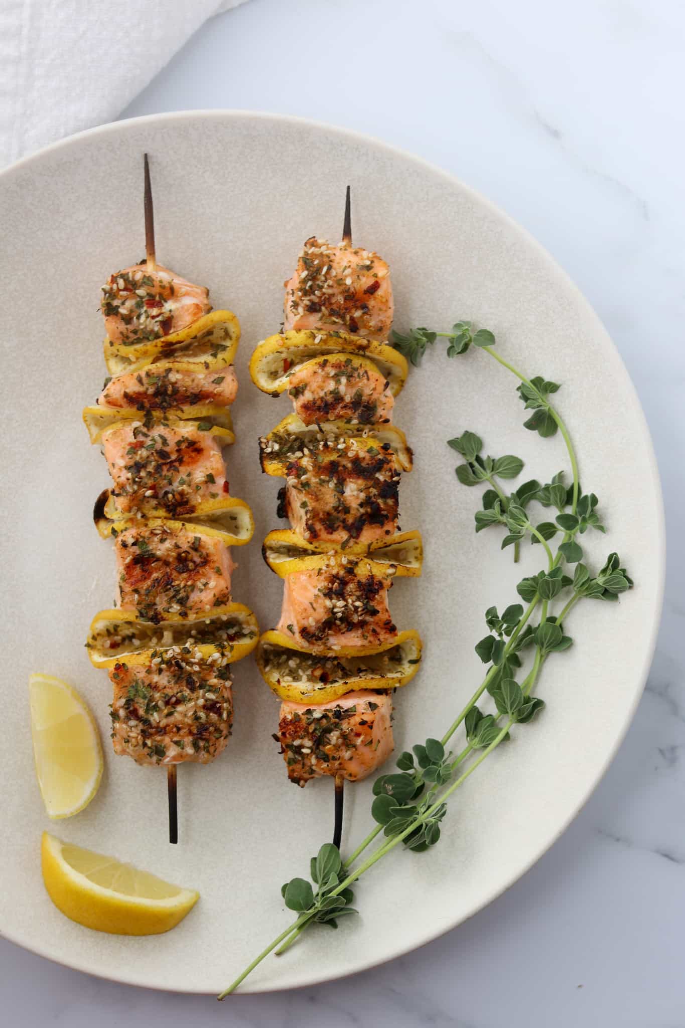 Moroccan spiced salmon kebabs & vegetable skewers