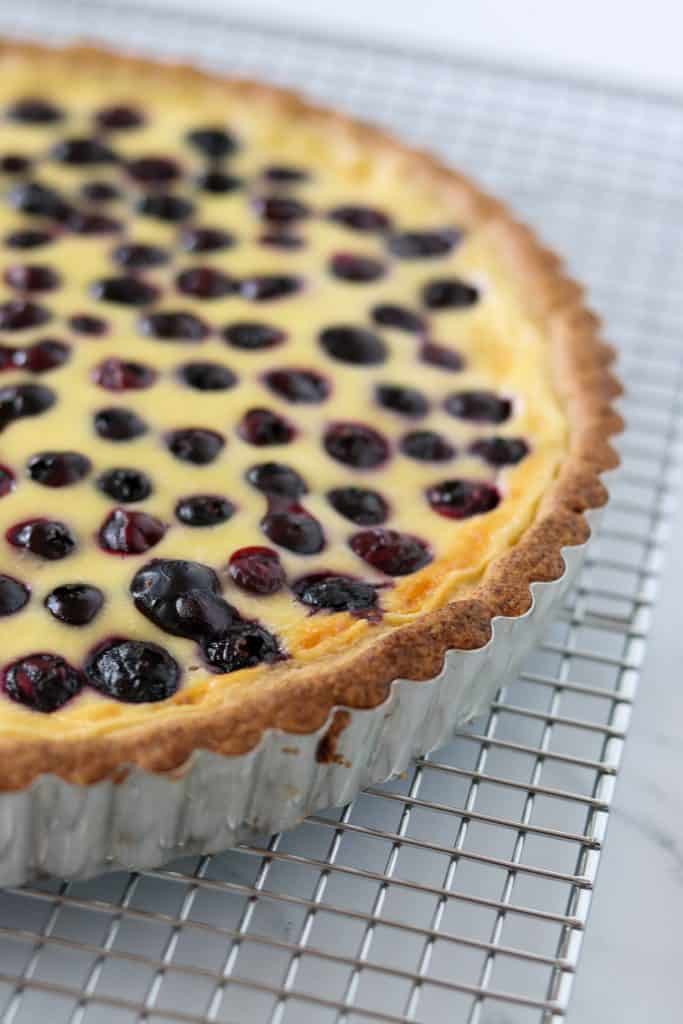 Closeup of a blueberry tart on a cooling rack