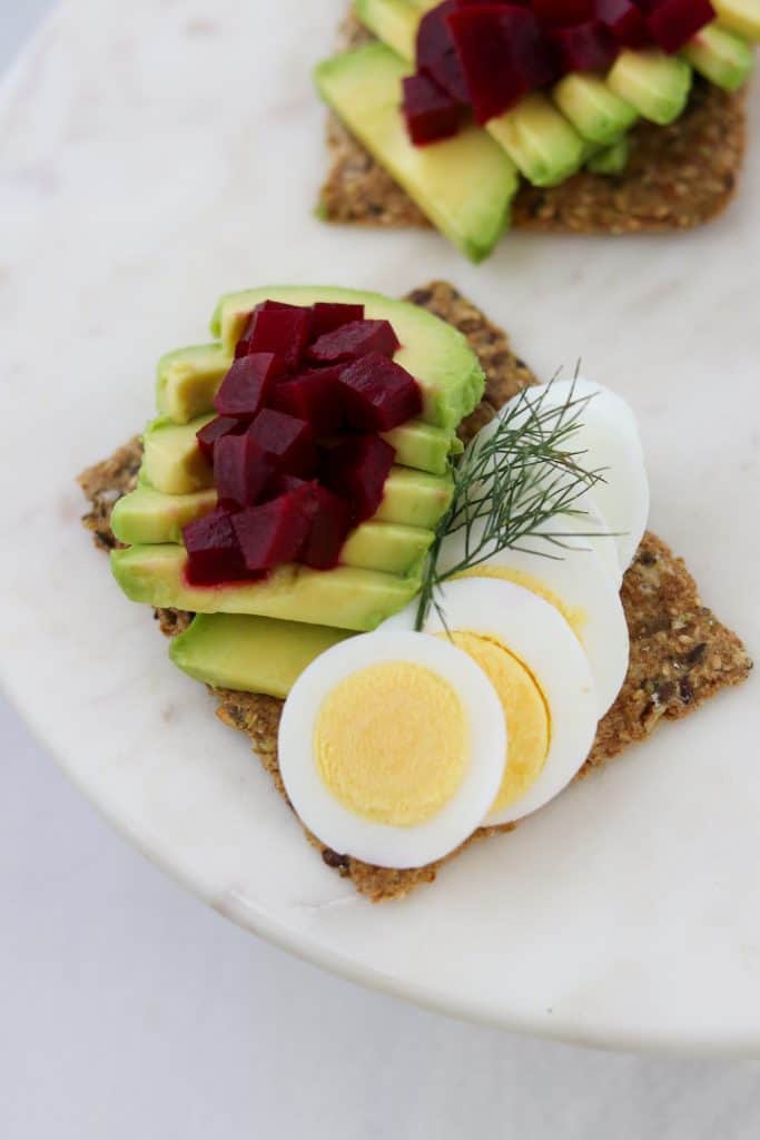 Toast with sliced egg, avocado and pickled beets on a plate