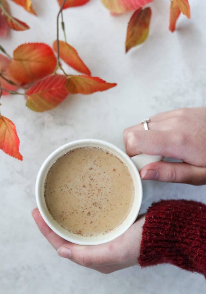 Person holding pumpkin spice latte in a mug with fall leaves
