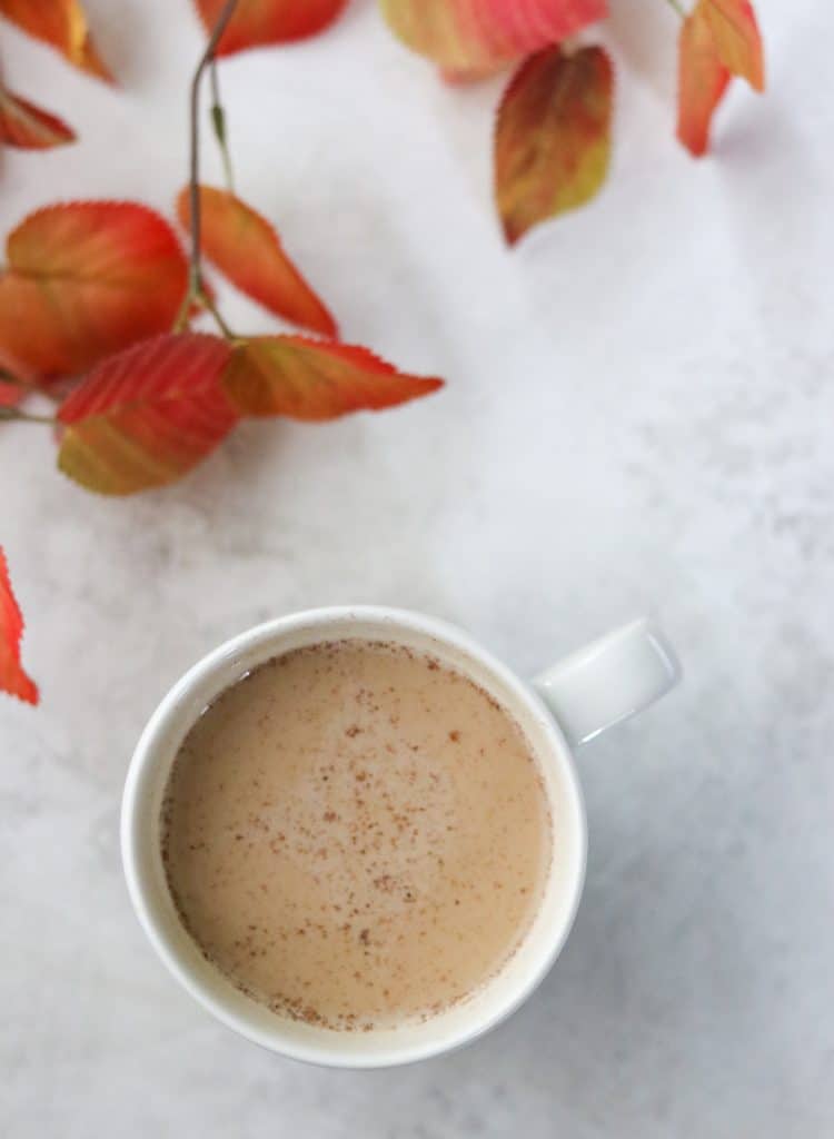 Pumpkin Spice Latte in a mug with fall leaves