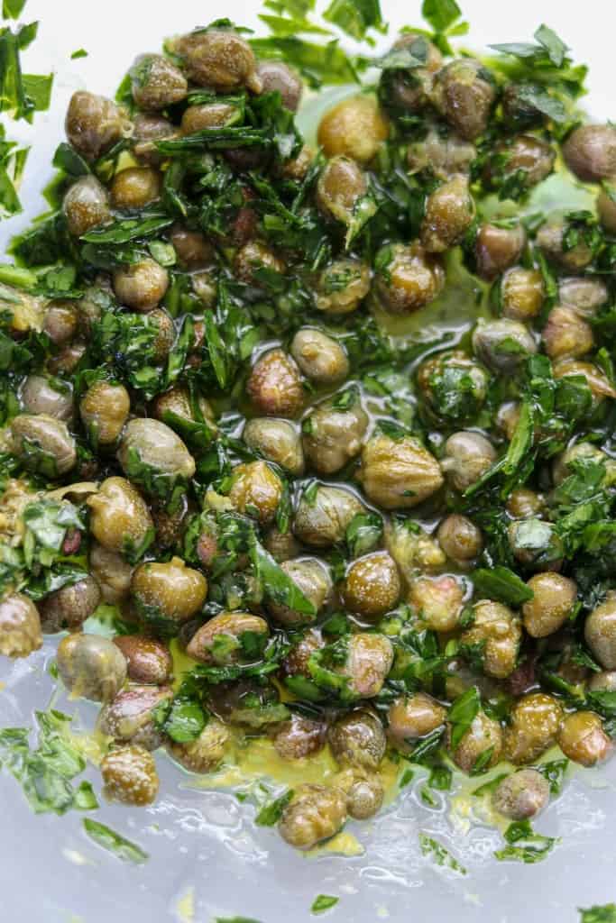 Close up of caper relish in a bowl