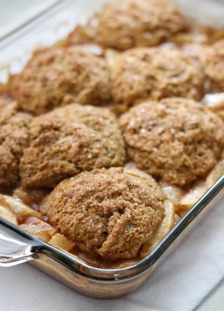 Gingerbread cobbler with apples and pears in a baking dish