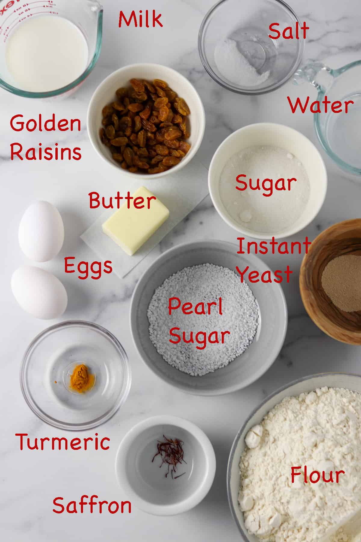 Labeled ingredients for St. Lucia Buns.