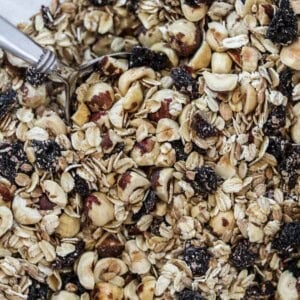 Close up of Rye and Oat Muesli with Dried Cherries and Hazelnuts.
