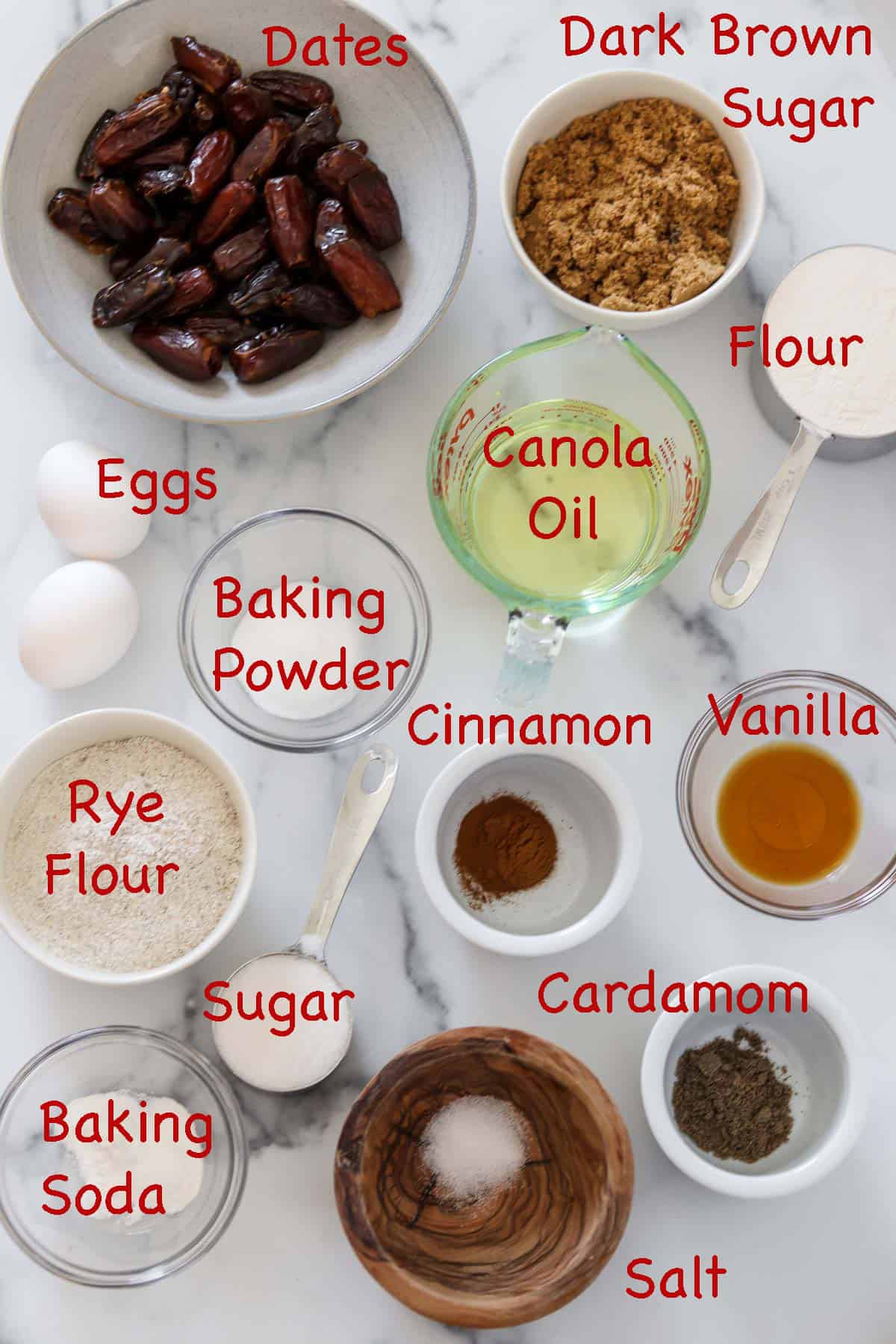 Labeled ingredients for Spice Cake with Dates, Rye and Salted Caramel Drizzle.