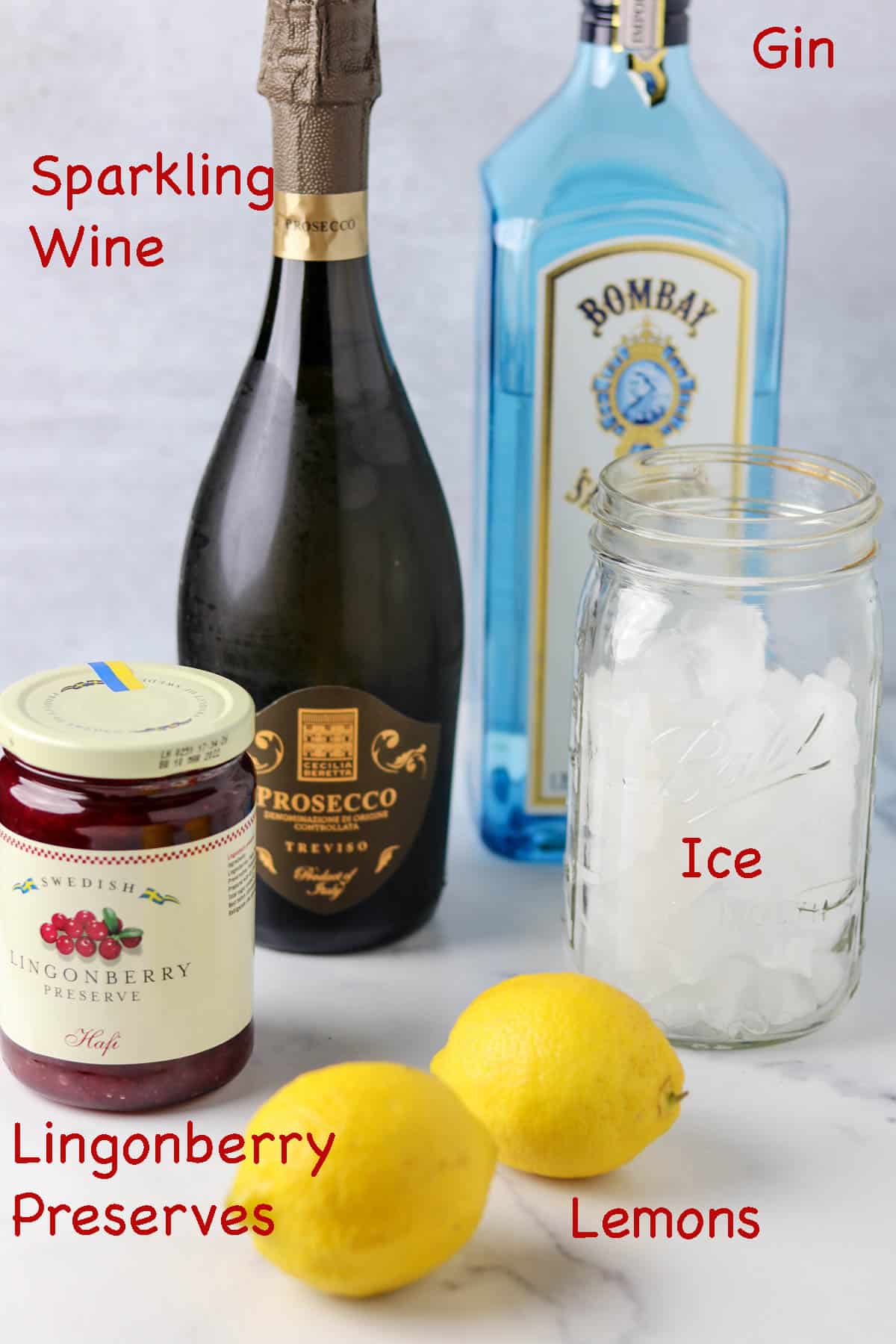 Labeled ingredients for the Swedish 75 cocktail.