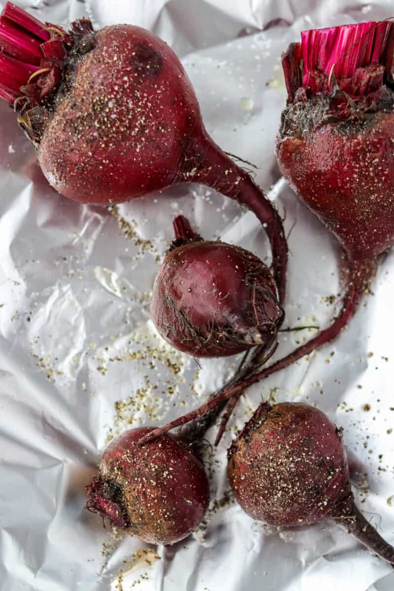 Beets on a piece of aluminum foil.