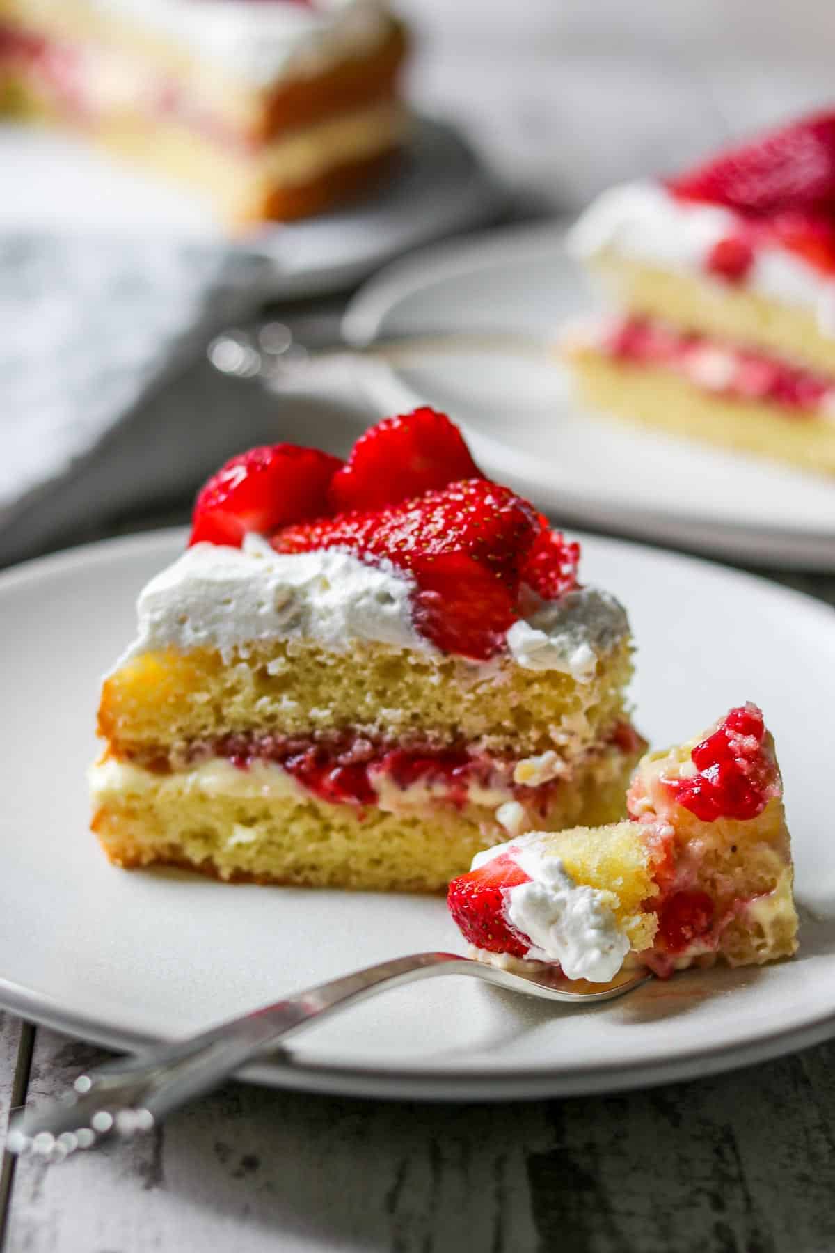 Close up of a slice of Scandinavian Strawberry Cream Cake.