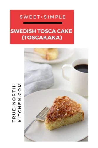 Slice of Swedish Tosca Cake (Toscakaka) on a plate with a fork.