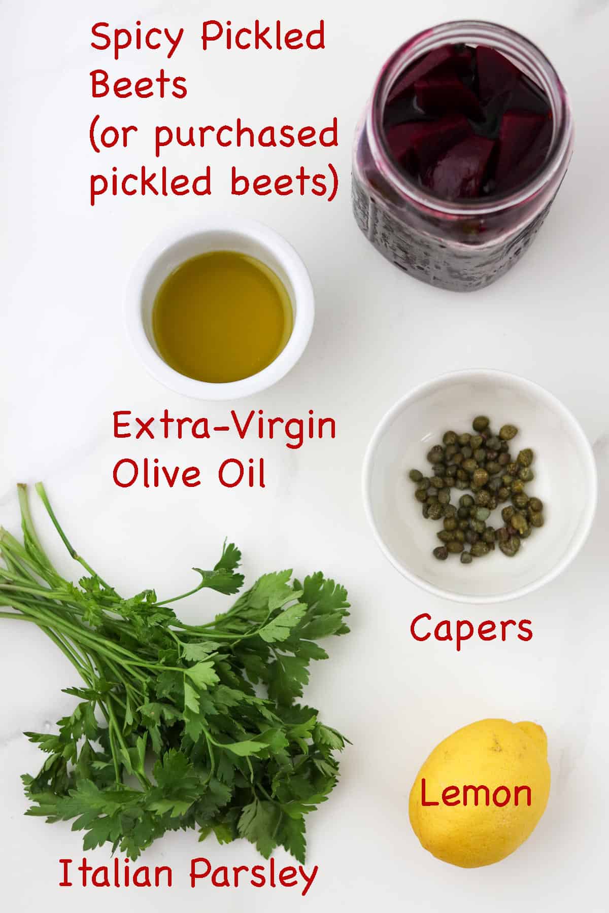 Labeled ingredients for Pickled Beet Salad.