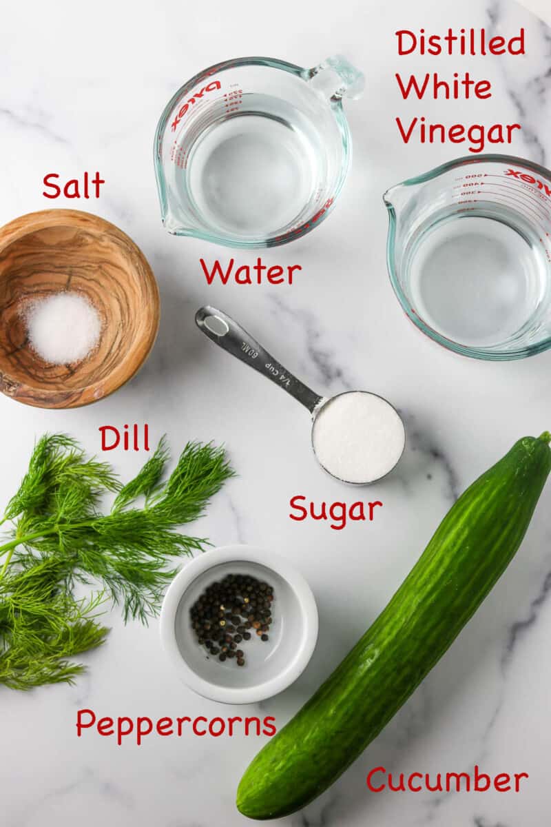 Labeled ingredients for Quick Swedish Pickled Cucumbers