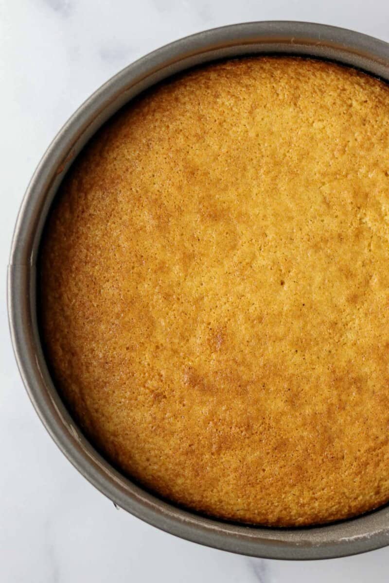 Baked yellow cake in a pan.