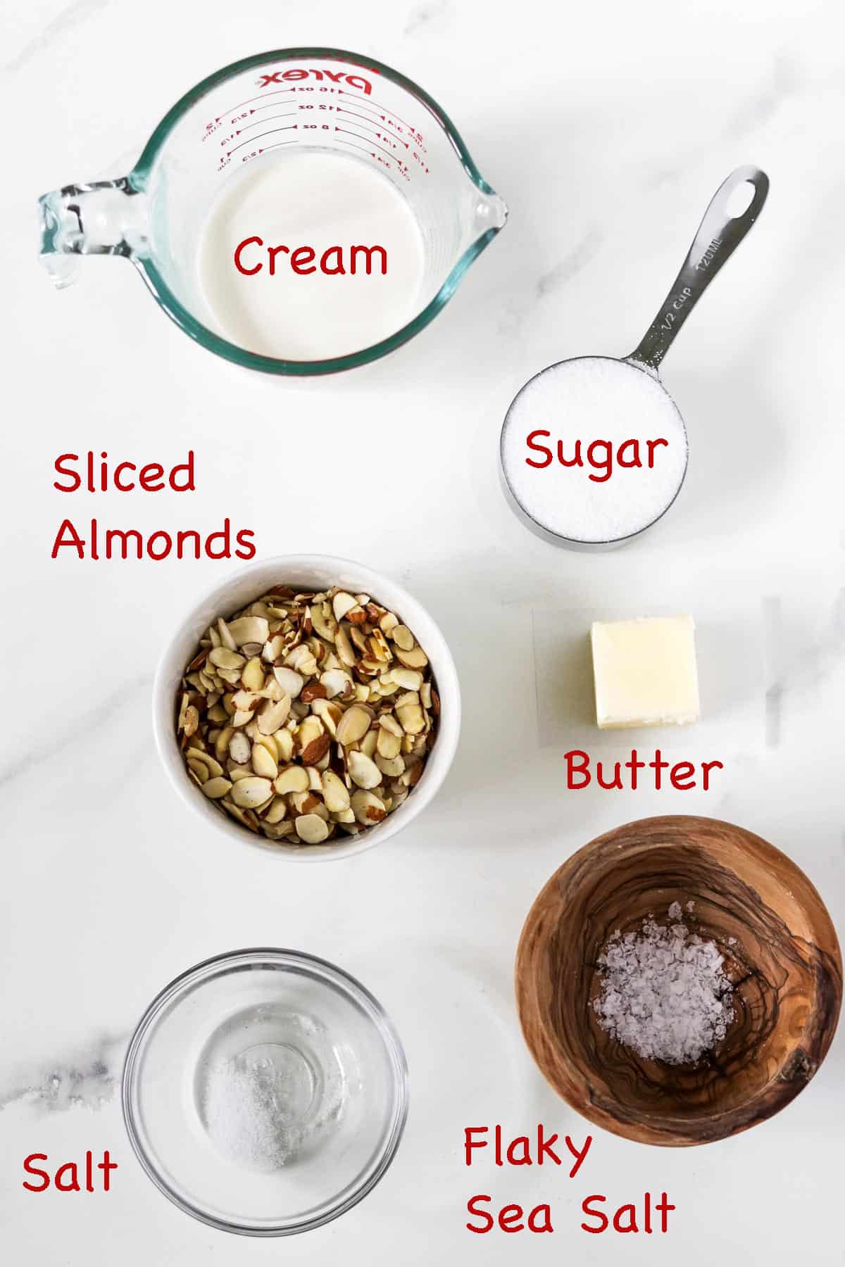 Labeled ingredients for Swedish Tosca Cake Topping.