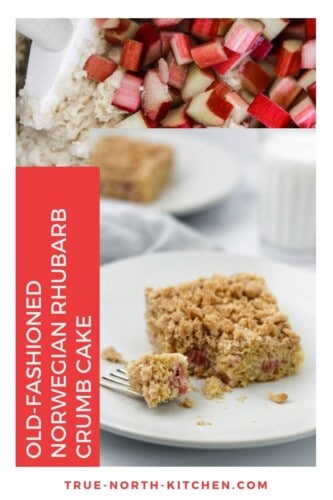 Old-Fashioned Norwegian Rhubarb Crumb Cake collage.
