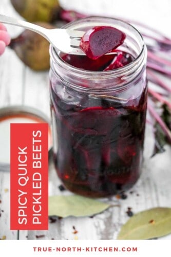 Spicy Quick Pickled Beets next to spices and whole beets.