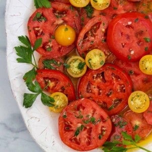 Marinated Garden Tomatoes on a platter.