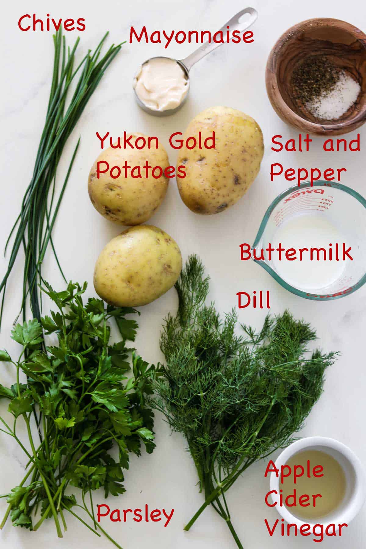 Labeled ingredients for Creamy Herbed Potato Salad