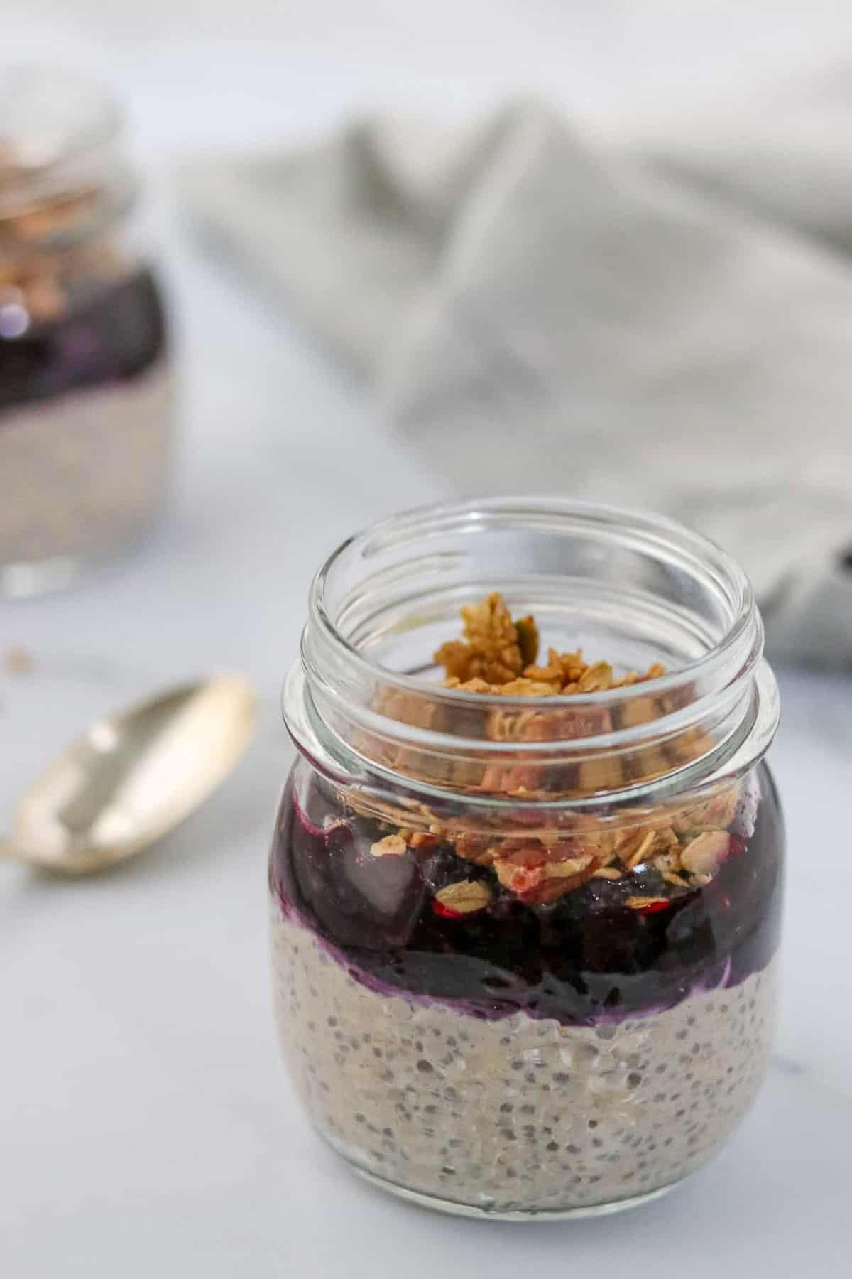 Overnight oats topped with blueberry compote and granola.