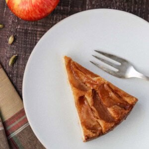 Close up of a slice of Swedish Apple Cake.