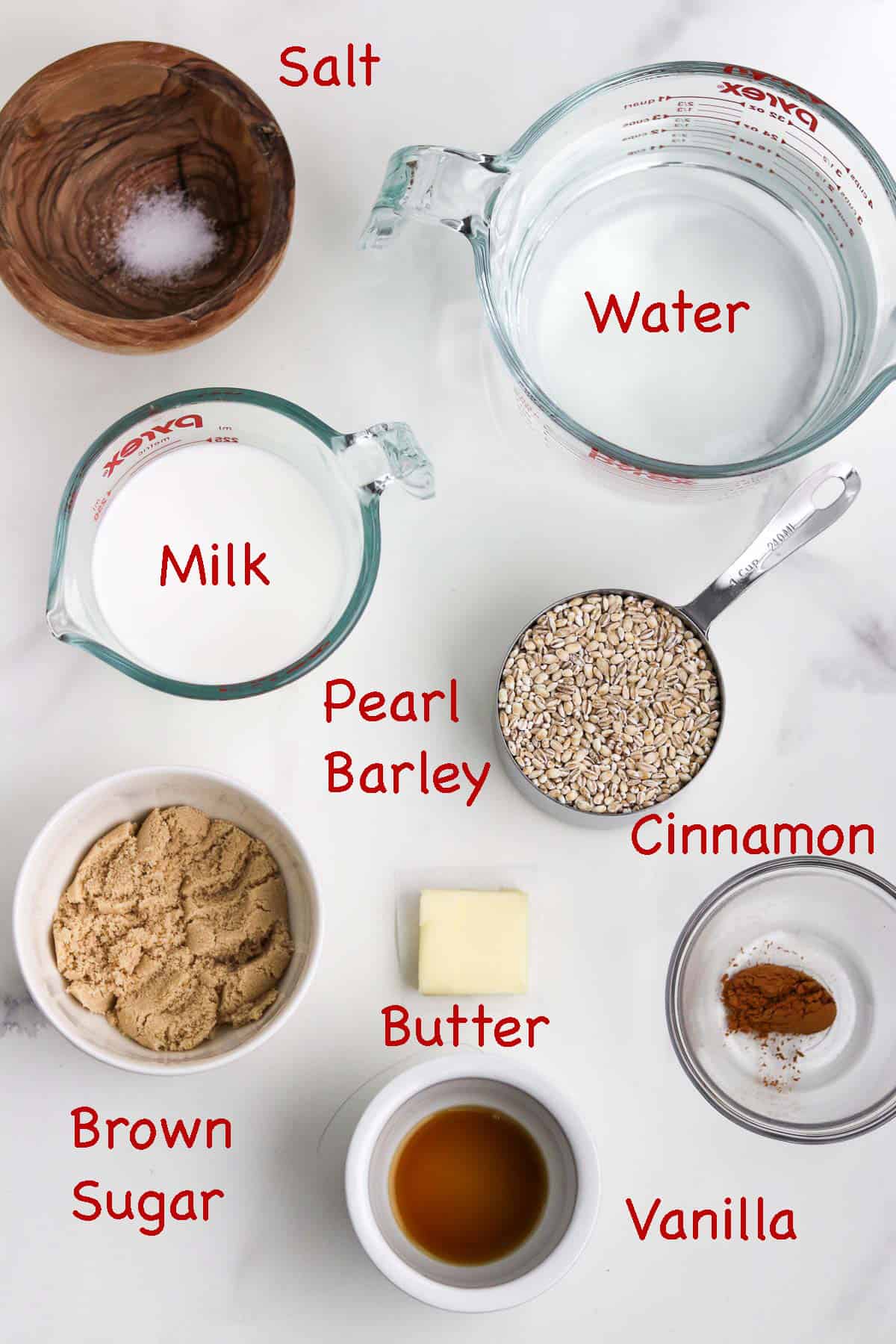 Labeled ingredients for Creamy Barley Breakfast Porridge.