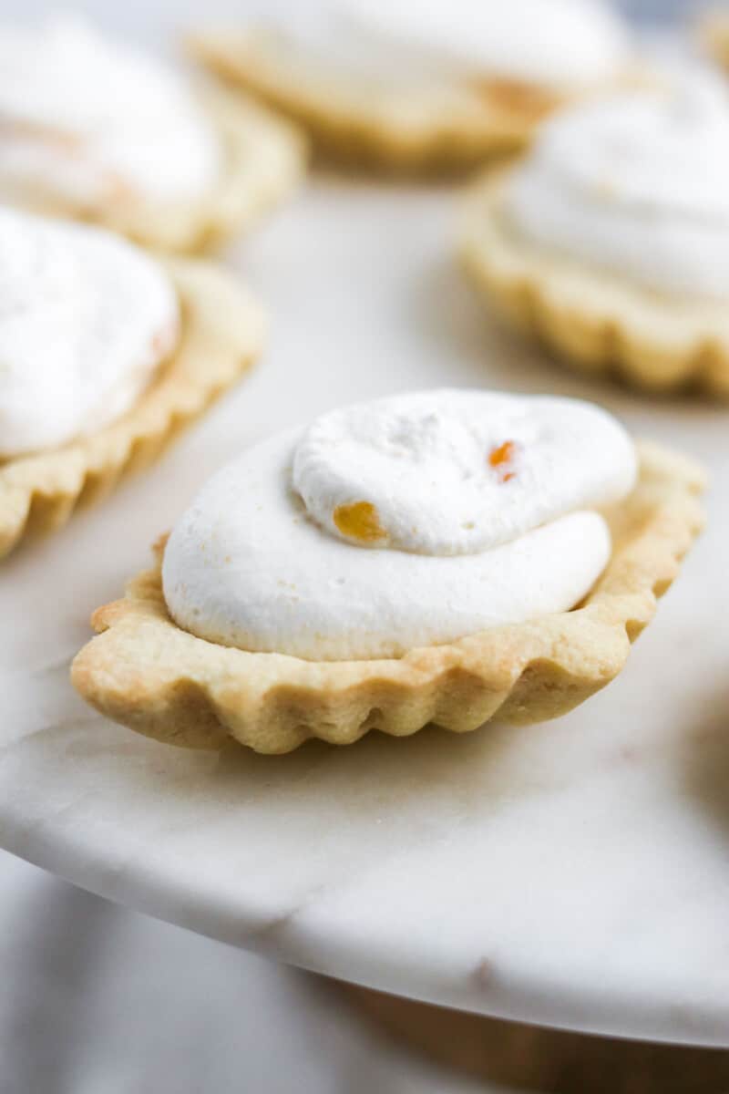 Close up of an almond tart filled with Clouberry Cream.