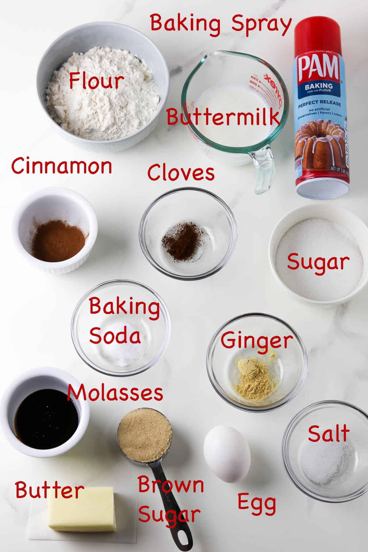 Labeled ingredients for Swedish Spice Cake.