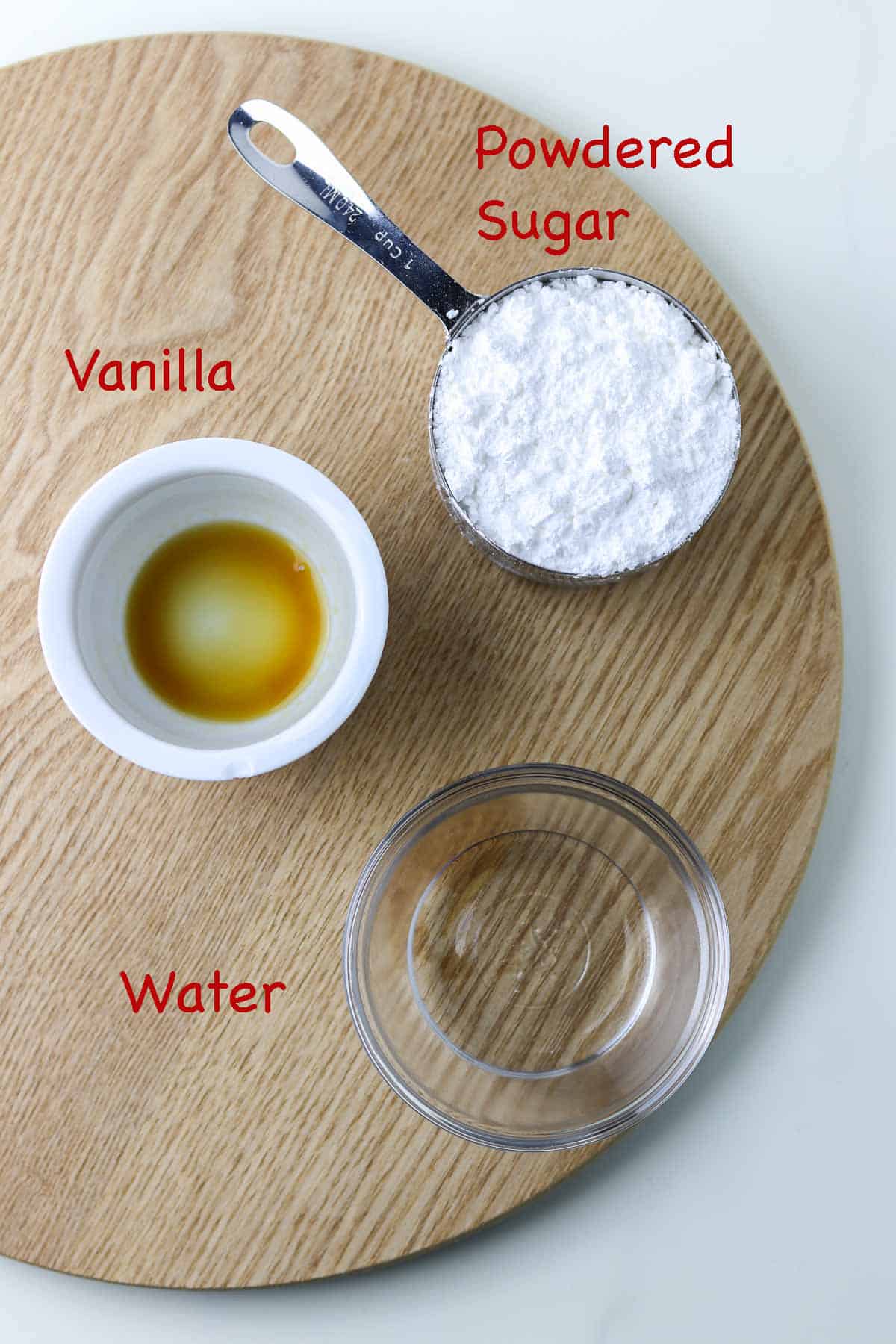 Labeled ingredients for powdered sugar glaze.