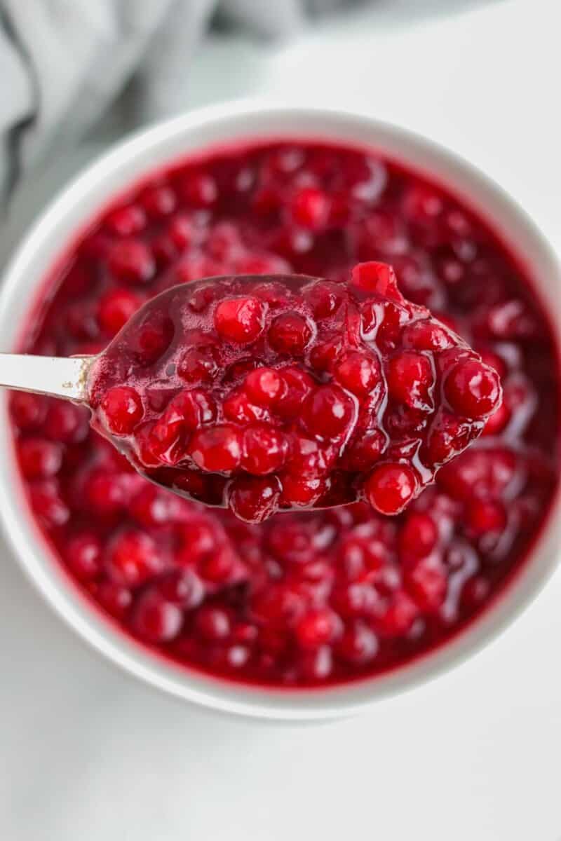 Close up of lingonberry sauce on a spoon.