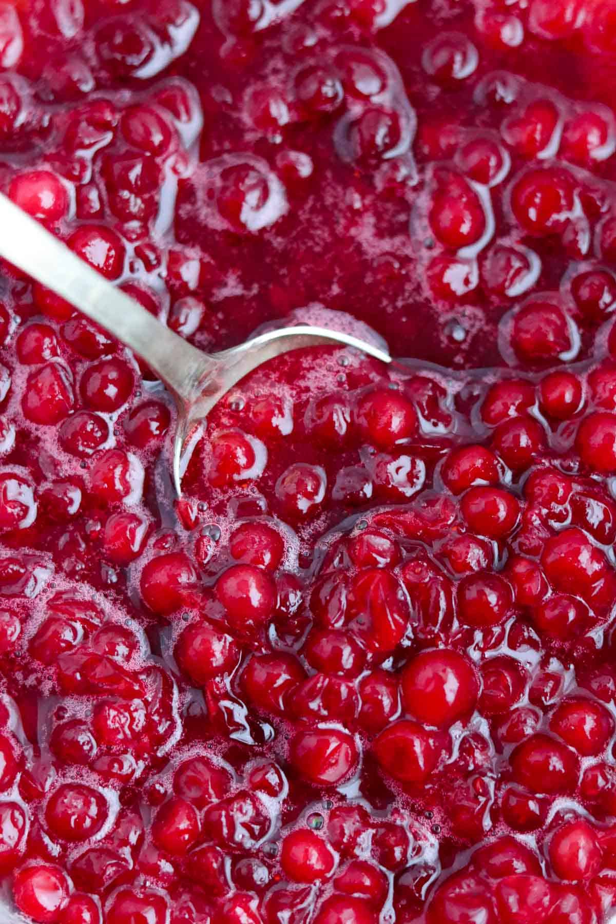 Close up of lingonberry sauce with a spoon.