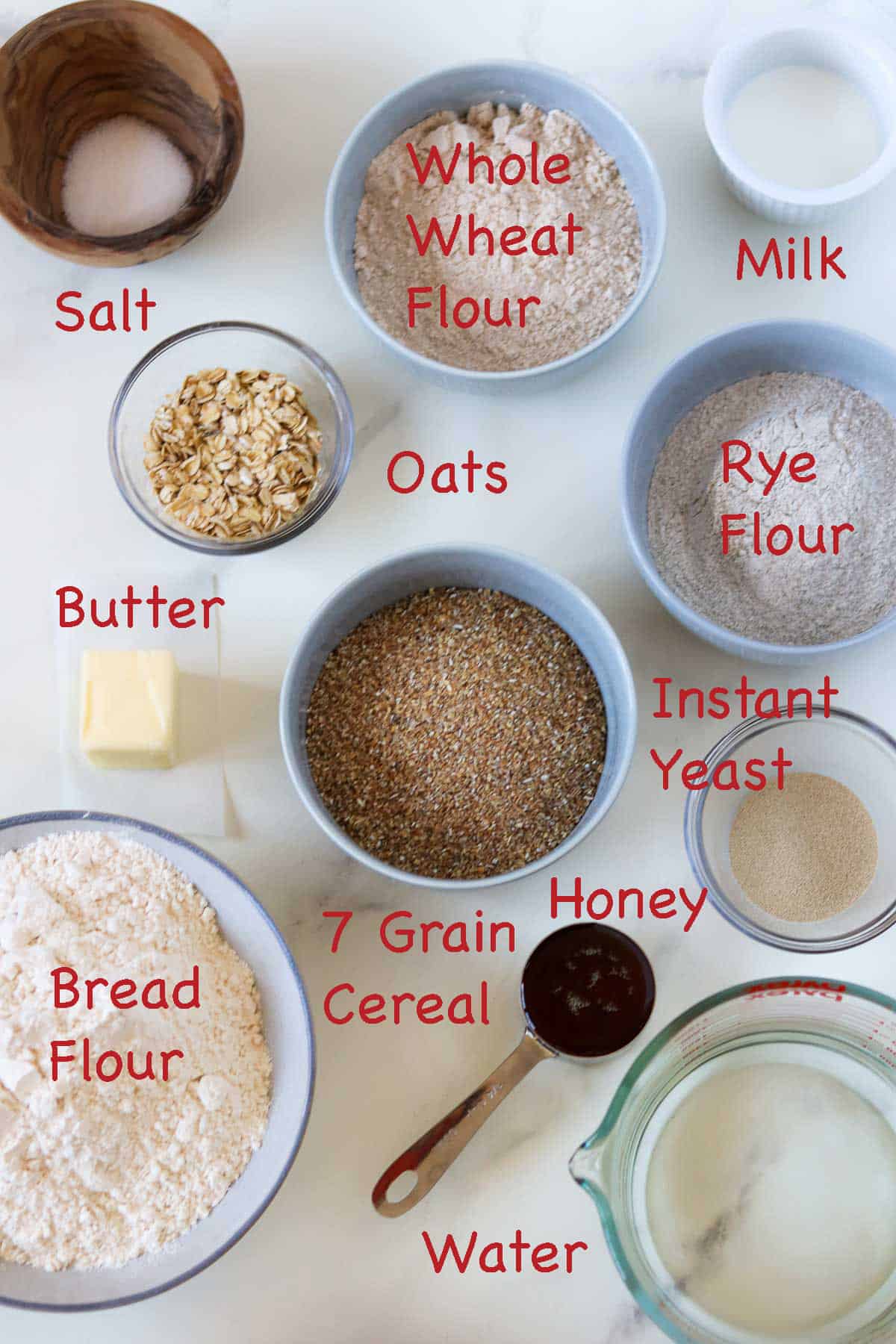 Labeled ingredients for Norwegian Brown Bread with Oats and Rye