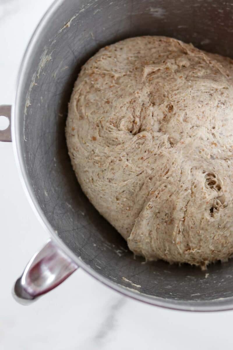 Multigrain bread dough in a metal bowl.