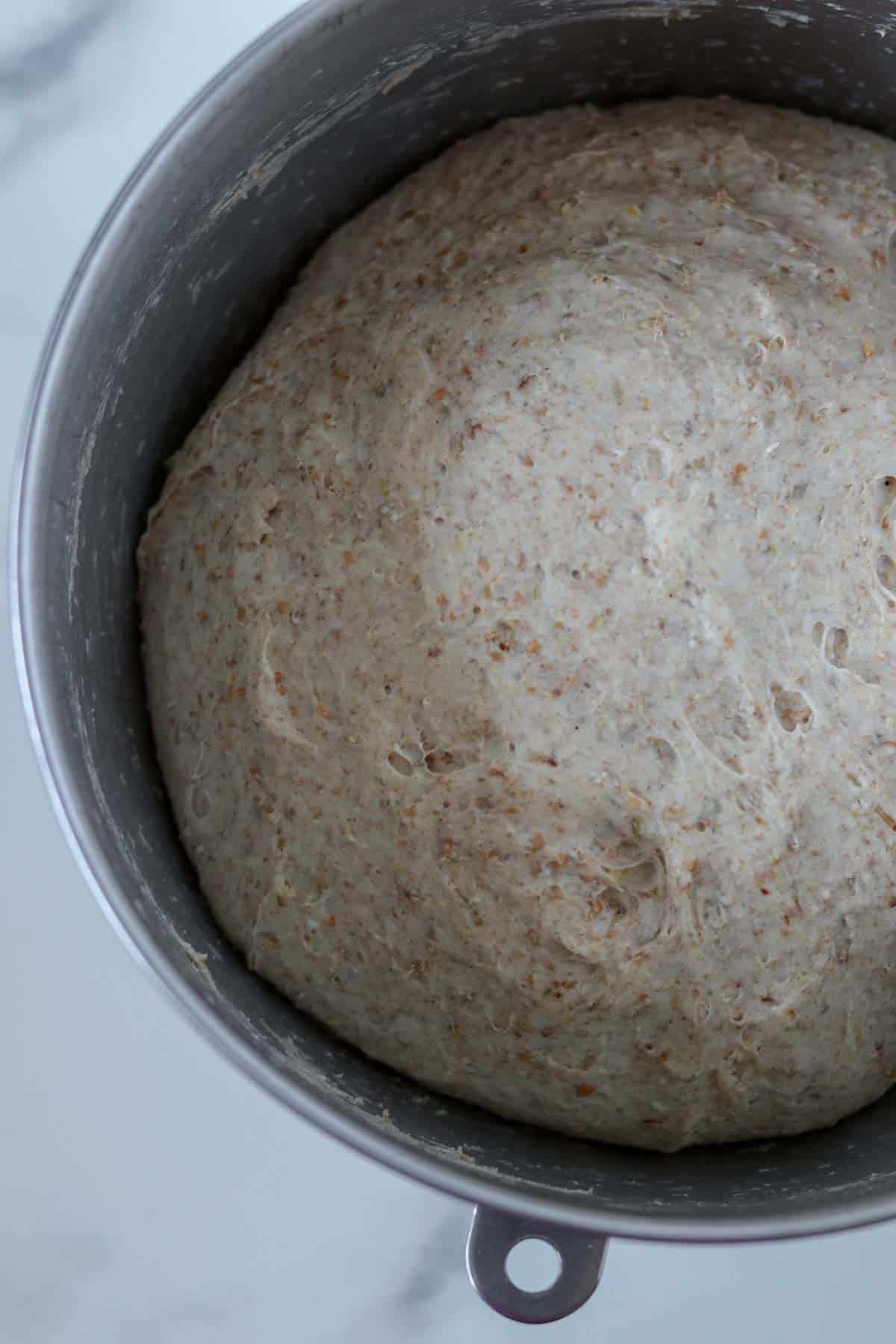 Multigrain bread dough rising in a metal bowl.
