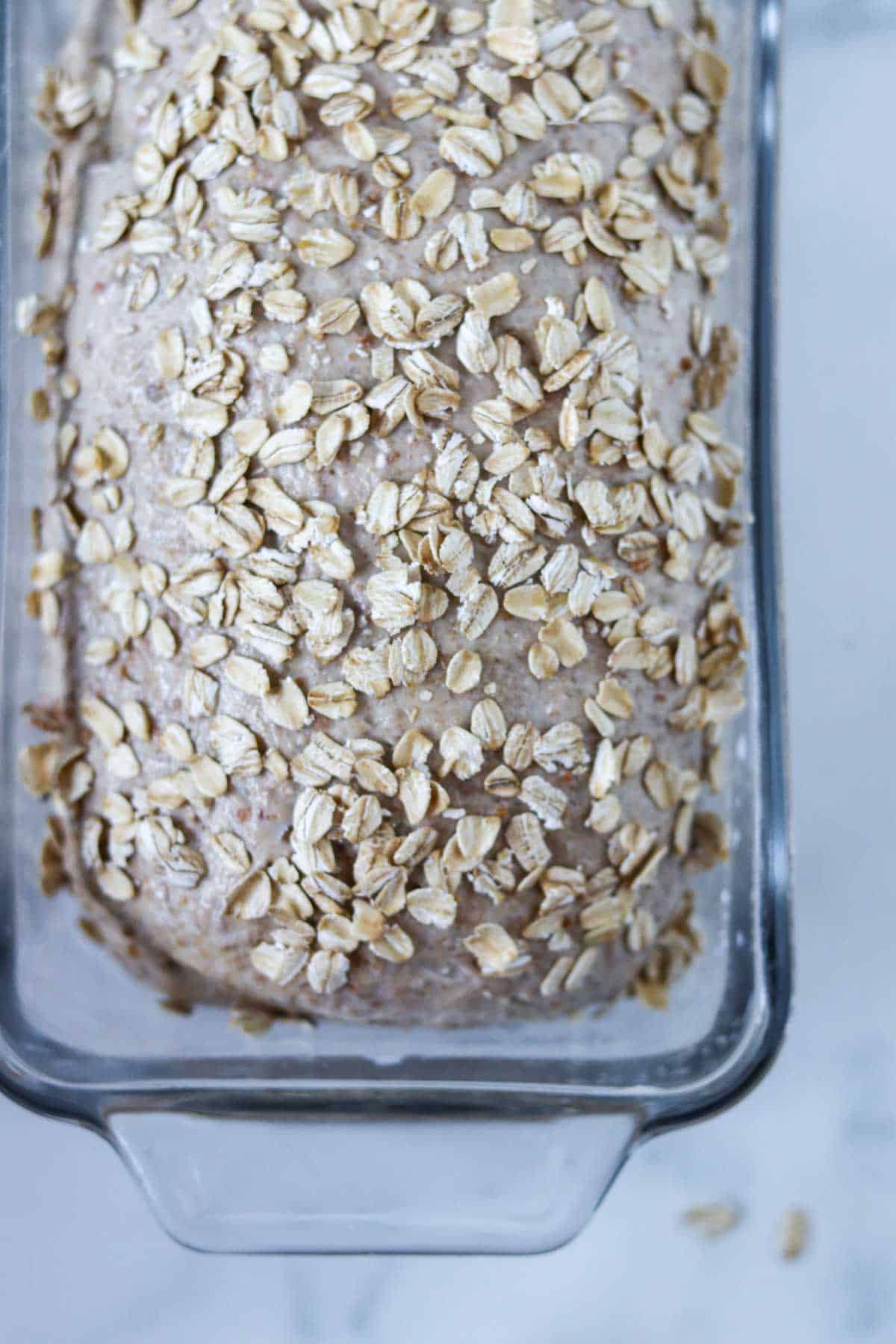 Unbaked bread dough topped with oats in a loaf pan.