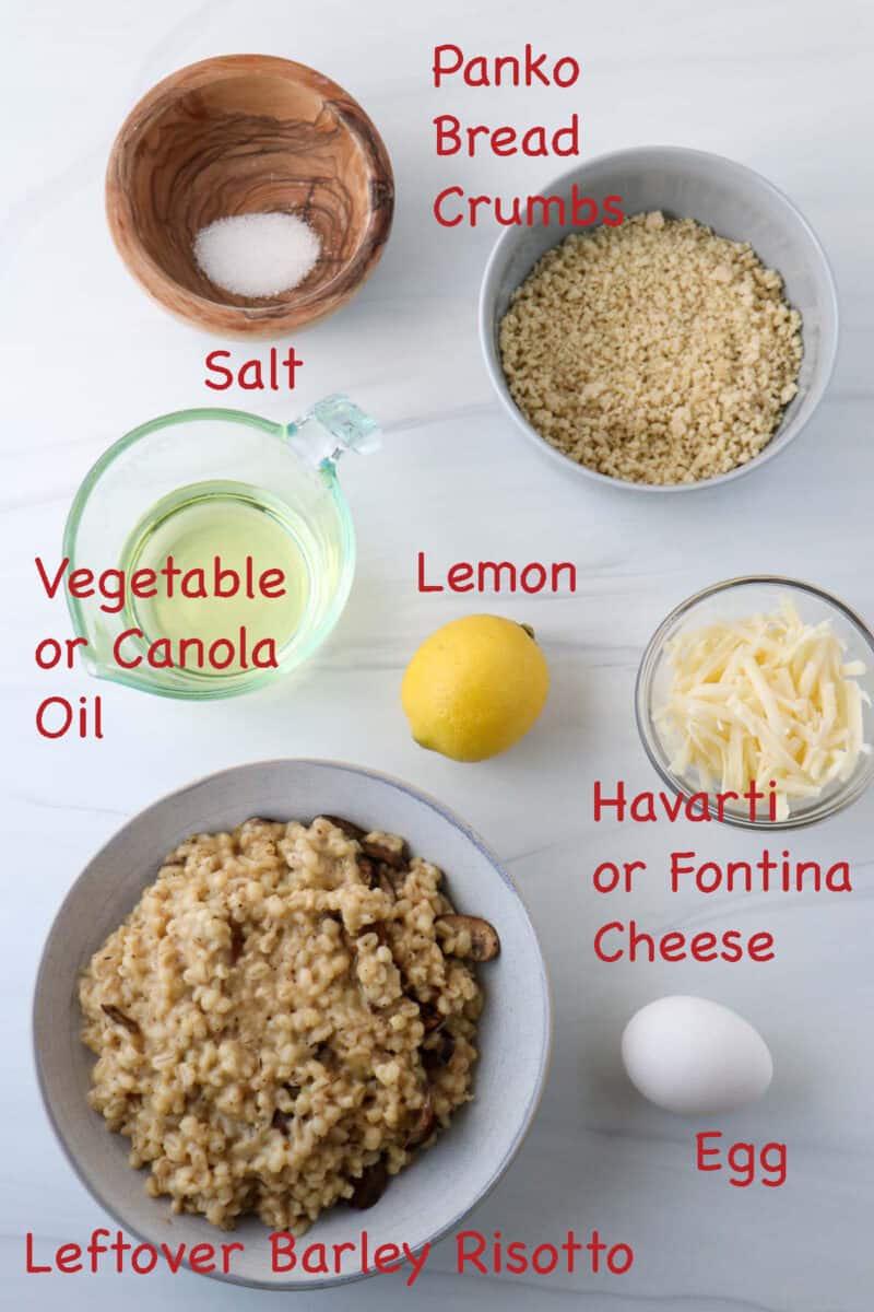 Labeled ingredients for Crispy Barley Risotto Cakes.