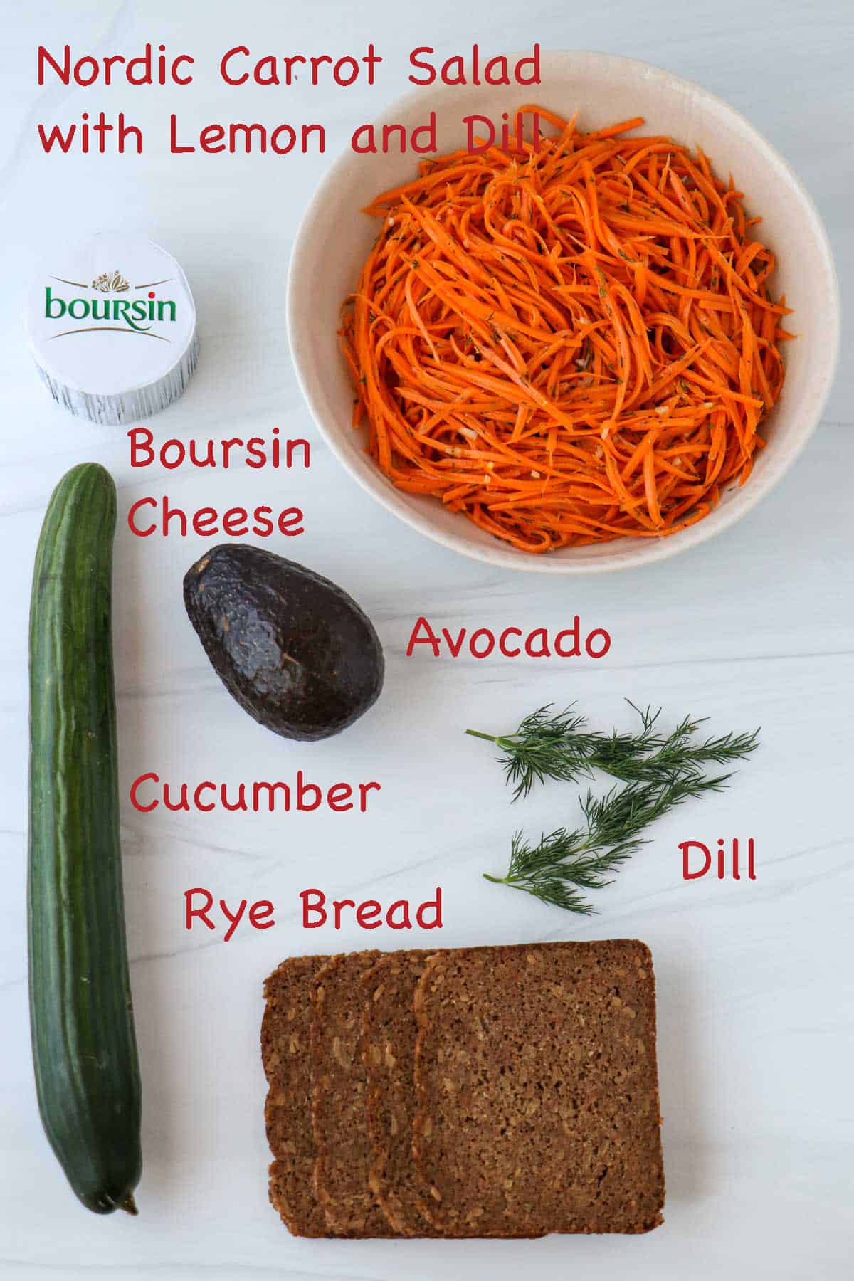 Labeled ingredients for Carrot Salad Smørrebrød