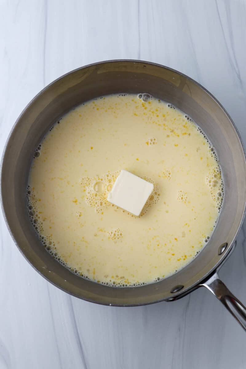 Pastry cream ingredients in a saucepan.