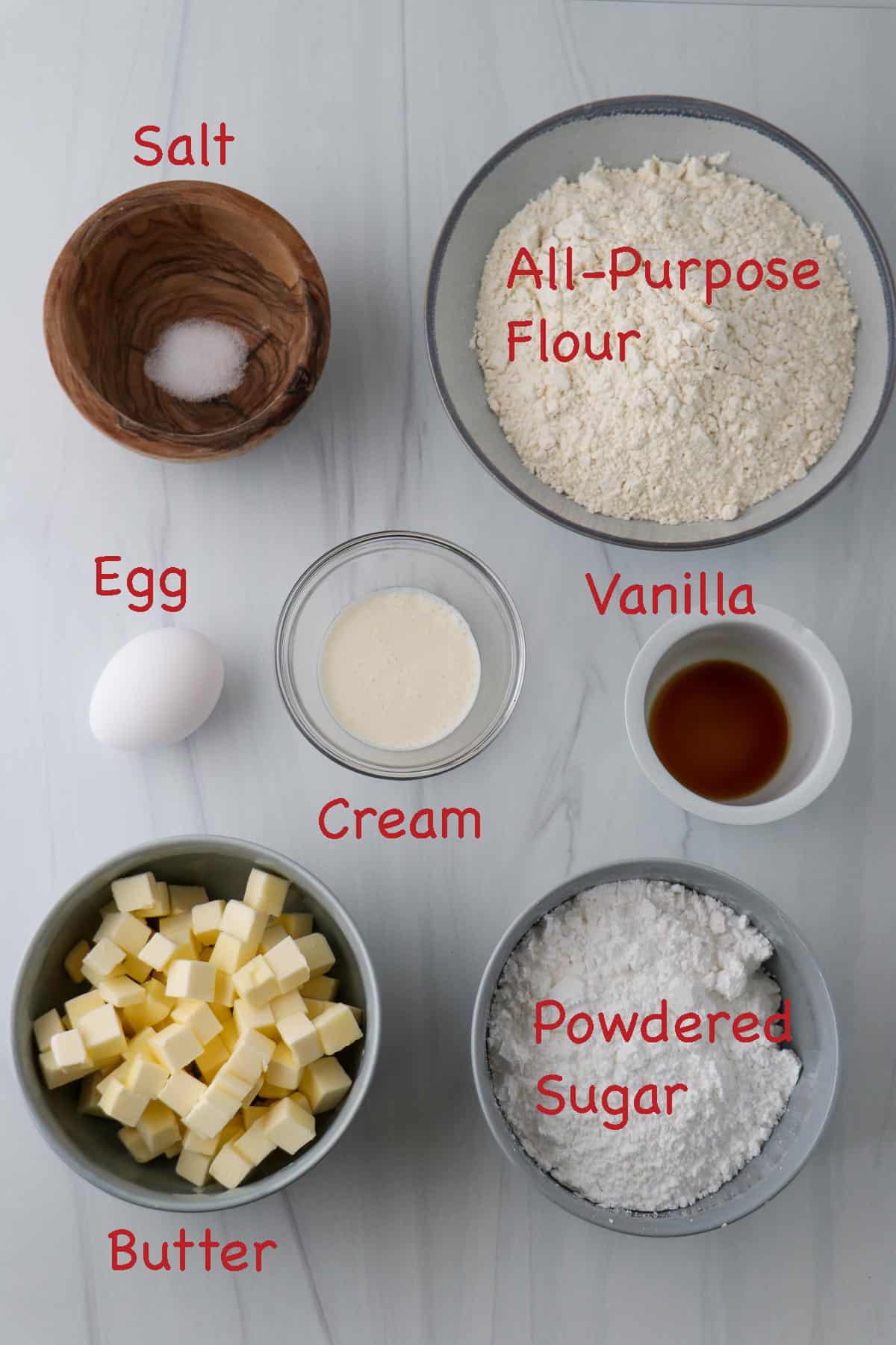 Labeled ingredients for pastry dough.