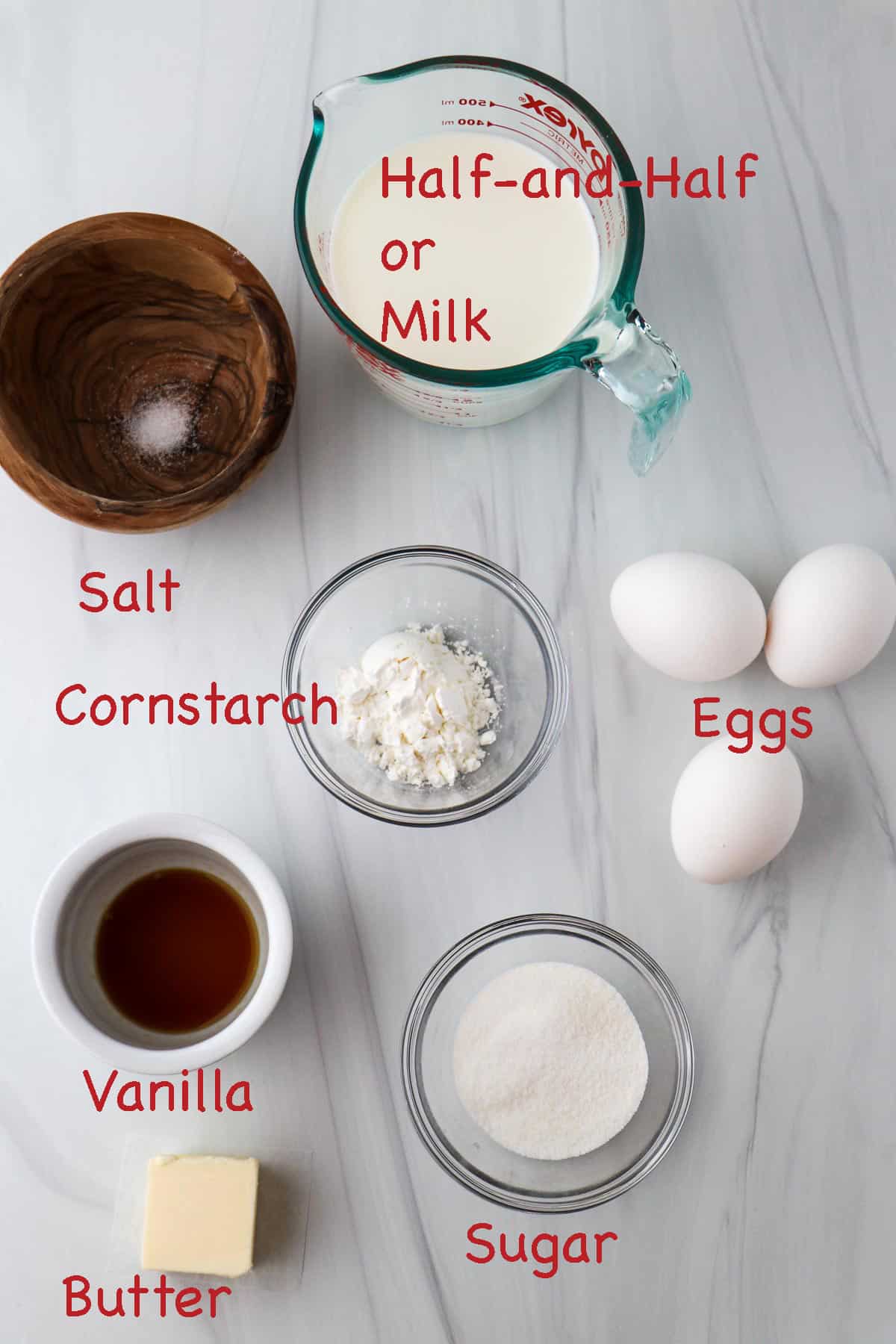 Labeled ingredients for pastry cream.