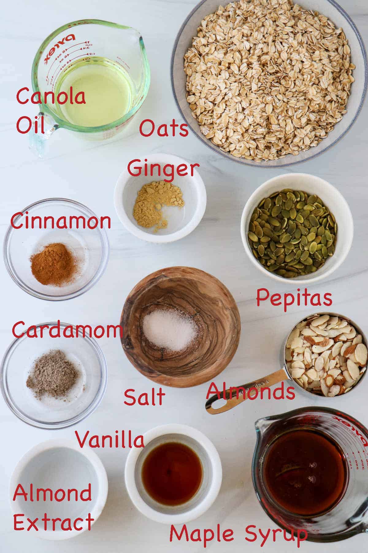 Labeled ingredients for Homemade Cardamom Granola with Almonds