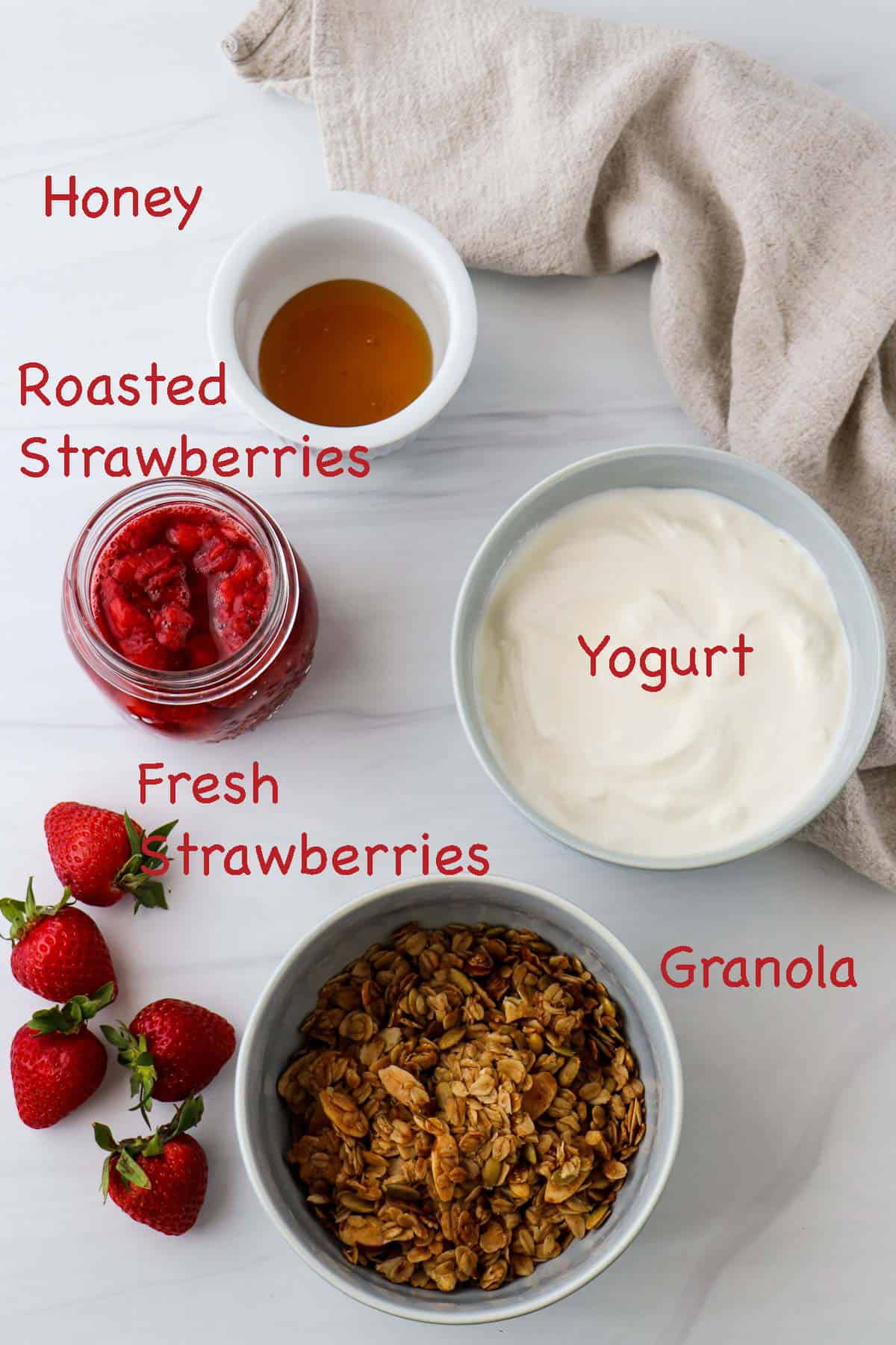 Labeled ingredients for Homemade Granola and Yogurt Parfaits