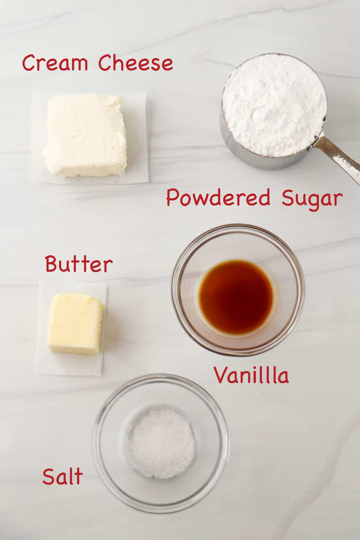 Labeled ingredients for cream cheese frosting.